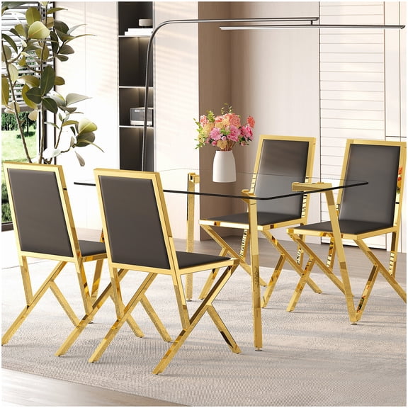 Contemporary Dining Table Set for 4 with Clear Glass Top and Gold Metal Legs, Black Chairs