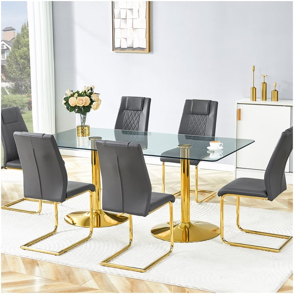 Contemporary Dining Table and 6 Chairs Set, Dark Gray PU Seats, Golden Arched Legs, Tempered Glass Top for Kitchen and Dining Room