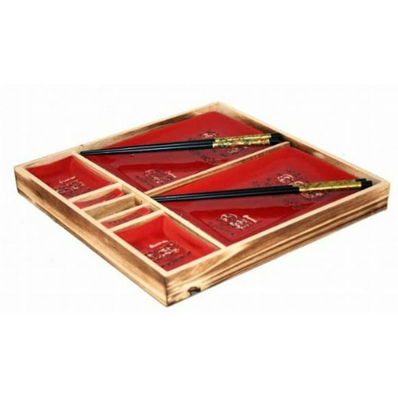 Contemporary Dinnerware 8 PCS Sushi Dinner Set For Two In Gift Box - Red with Calligraphy