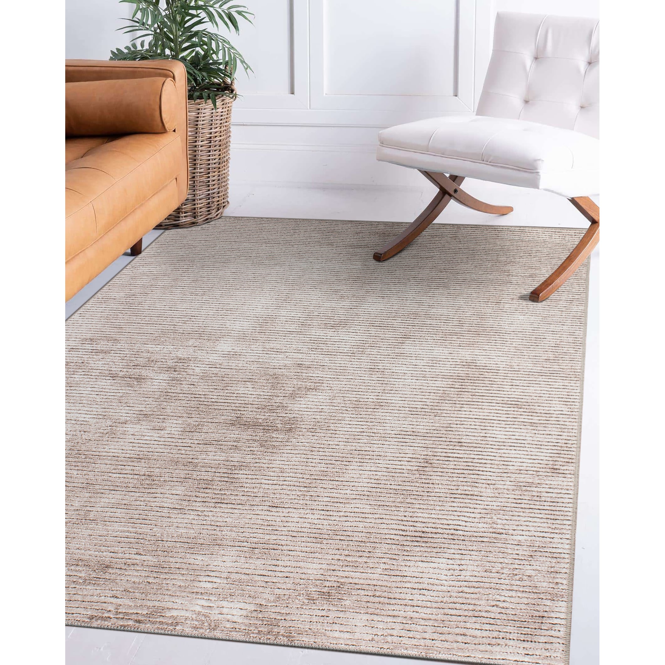 Contemporary Distressed Stripe Machine Washable 5'x7' Beige Area Rug