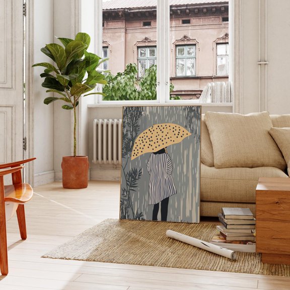 Contemporary Dotted Wall Art, Woman Female Decor, Colorful Art Print, Polka Dots Print, Rain Yellow Umbrella Eclectic Fine Art Wall Art, Modern Wall Decor, 8x12 UNFRAMED