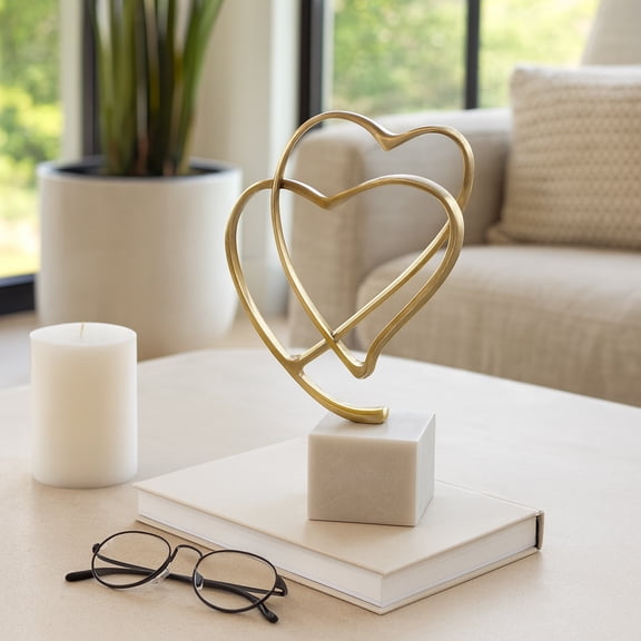 Double Heart Sculpture on Marble Stand for Home Decor - Aluminum Accent for Book Shelf, Desk Accessory, and Office - Modern Glam Decor for Living Room, Bedroom, and Bathroom - 13", Gold & White