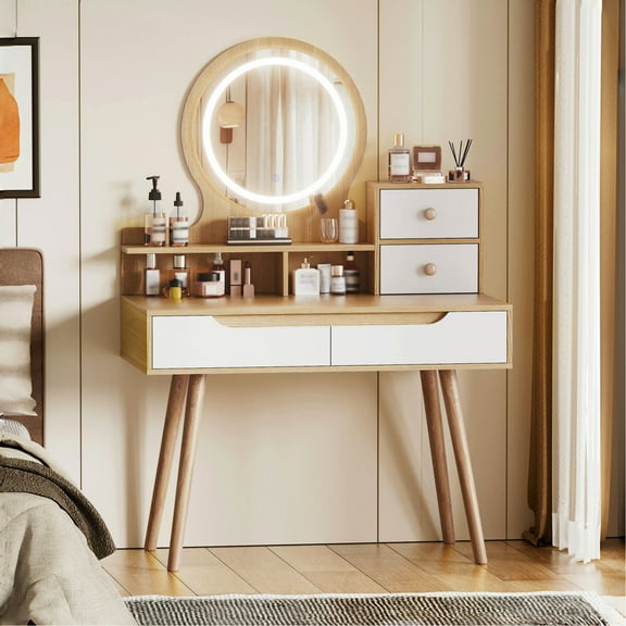 Contemporary Dressing Table With 3 Lighting Modes And Spacious Storage Stylish Vanity Open Shelves 4 Drawer Cabinet For Bedroom