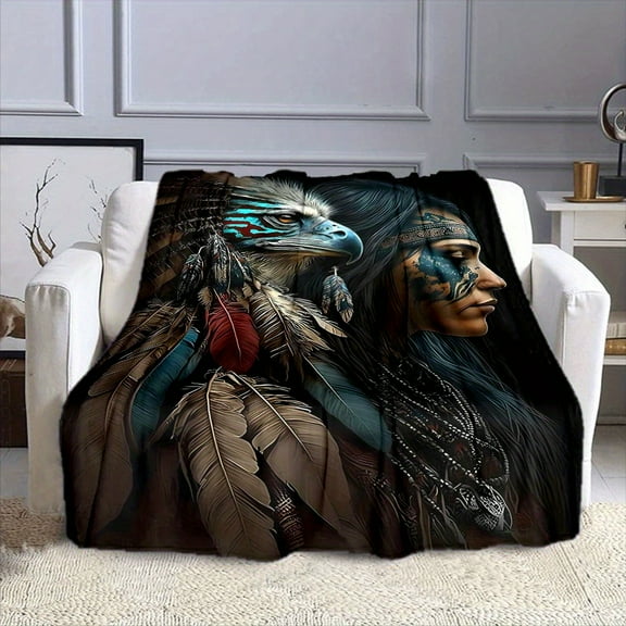 Contemporary Eagle Art Print Indigenous Woman & Eagle Art Print All-Season Reversible Fleece Throw Blanket Contemporary Style Cartoon Print