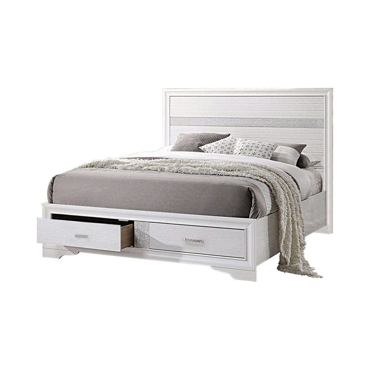 Contemporary Eastern King Bed with Drawers and Glittering Stripes White - Saltoro Sherpi