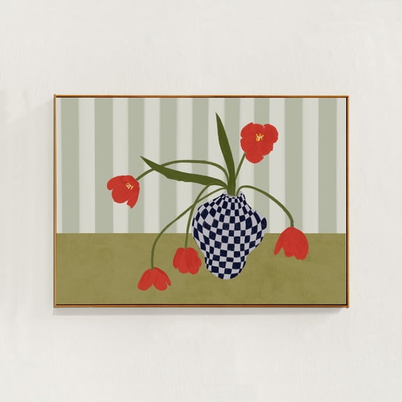 Contemporary Eclectic Wall Decor Horizontal Tulips in a Checkered Vase, Unframed Paper Print Size 8x12