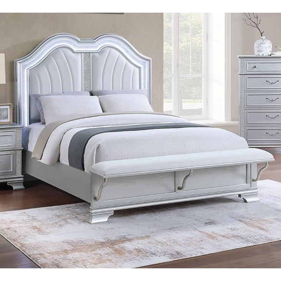 Contemporary Elegant Eastern King Size Bed w Built-in Footboard Bench Upholstered HB USB 1pc Bed Silver Finish