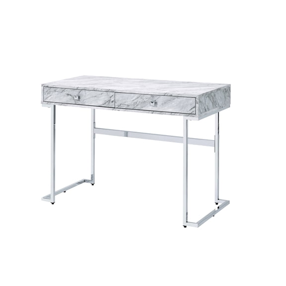 Contemporary Elegant Office Desk With White Faux Marble Look And Accessories Modern Writing Station Top Finish Details