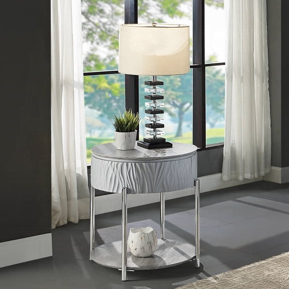 Contemporary End Table - Grey High Gloss, Metal Legs, Space Organization Gloss With Storage Features Practical Living Room Furniture