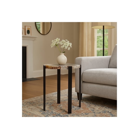 Contemporary End Table, Side Table, or Night Stand - Unique Raw Edge Agate Stone Top for Bedroom or Living Room Decor - Minimalist Home & Office Table Decor for Small Spaces - 20" Black & White