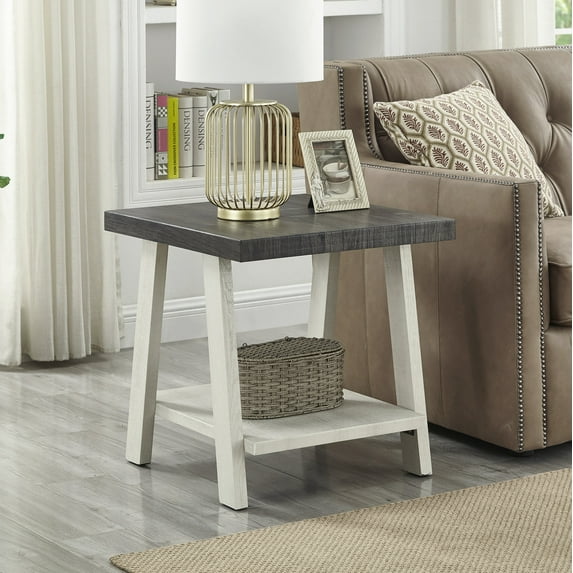 Contemporary End Table with Storage Shelf, Two-Tone Wood Shelf Side Table, Rectangular Nightstand for Small Space, Living Room, Bedroom, Wood Frame Strong and Stable, Weathered Charcoal and Beige
