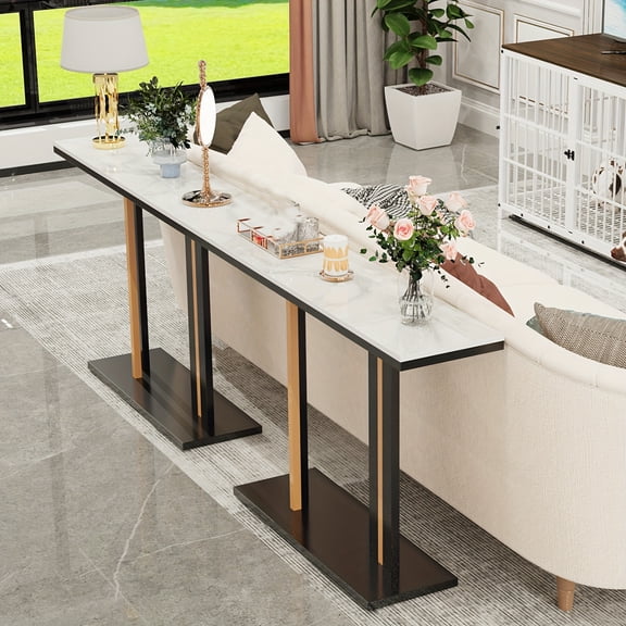 Contemporary Entryway Console Table with Durable White Stone-Look Top and Sleek Metal Frame, Ideal for Hallway, Living Room Side, or Behind Sofa Placement