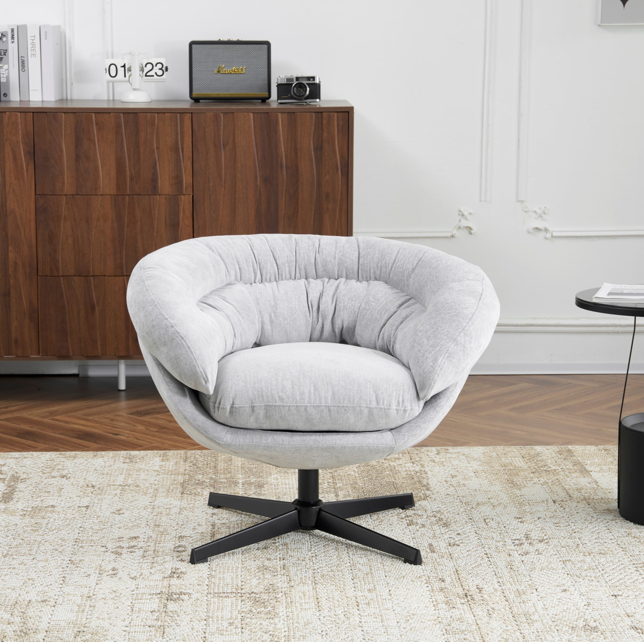 Contemporary Ergonomic Upholstered Chenille 360° Swivel Club Chair with Metal Base, Gray
