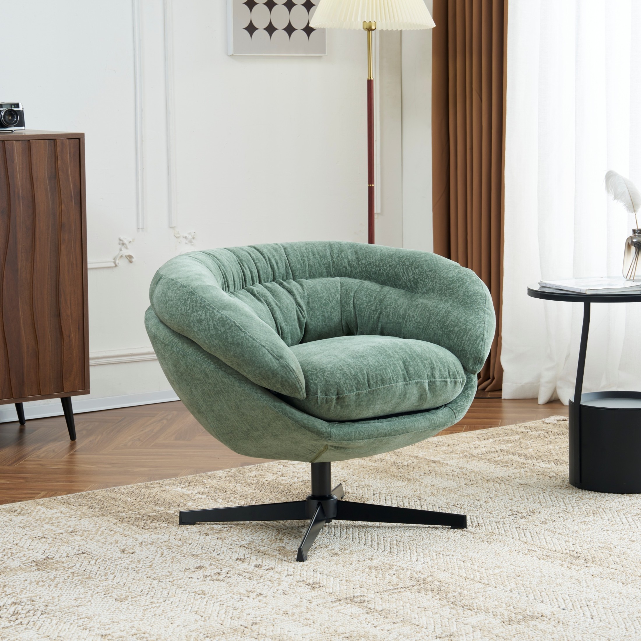 Contemporary Ergonomic Upholstered Chenille 360° Swivel Club Chair with Metal Base, Green
