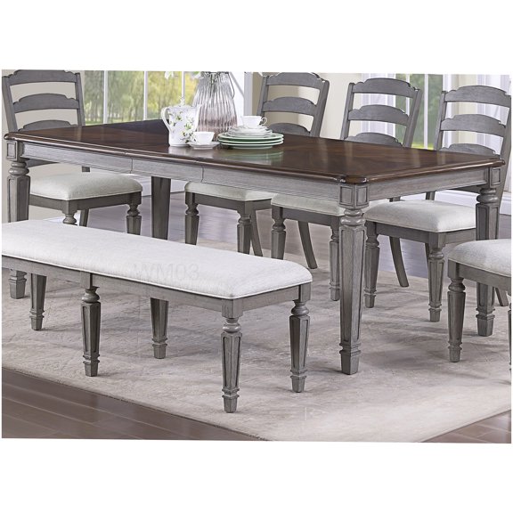 Contemporary Expandable Dining Table with Leaf, Light Grey Top and Cherry Wood Base