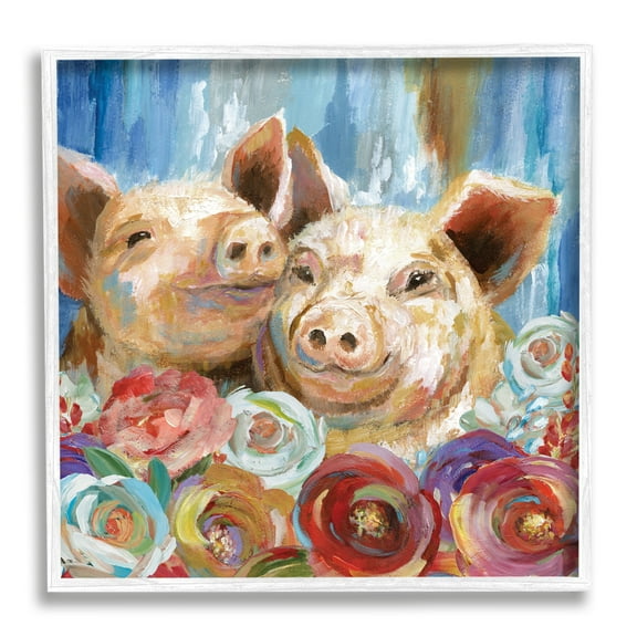 Contemporary Farm Pig Couple Soft Petal Florals Animals & Insects Framed Art Print Wall Art, 17x17
