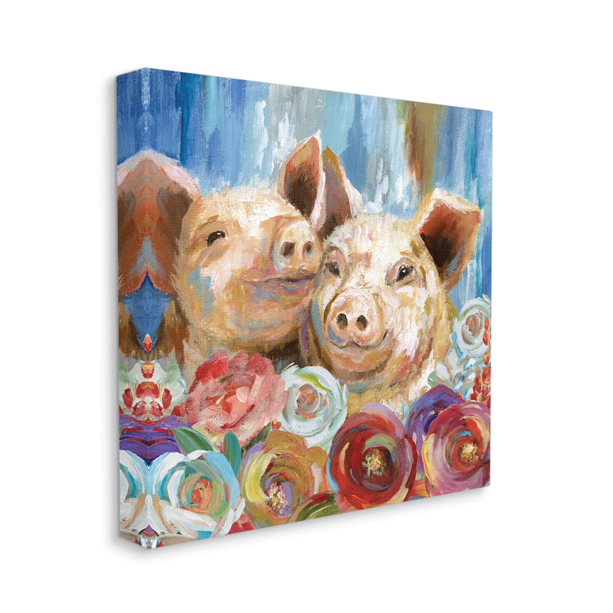 Contemporary Farm Pig Couple Soft Petal Florals Animals & Insects Gallery-Wrapped Canvas Print Wall Art, 17x17