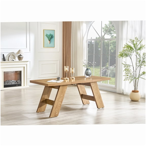 Contemporary Farmhouse Dining Table, MDF Wood Look Table with Angled Legs, Seats 6-8, Multi-Use