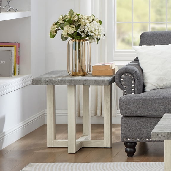 Contemporary Faux Concrete & White End Table, Modern Compact Side Table with Intersecting Base, Durable Engineered Wood Accent Table for Living Room Sofa Side