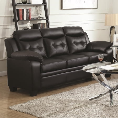 Contemporary Faux Leather & Wood Sofa With Padded Armrests, Rich Black