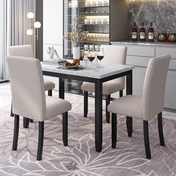 Contemporary Faux Marble Dining Table and Chairs, 5-Piece Kitchen Dining Room Table Set with Upholstered High-Back Chairs, Standard Height (White Marble and Beige)