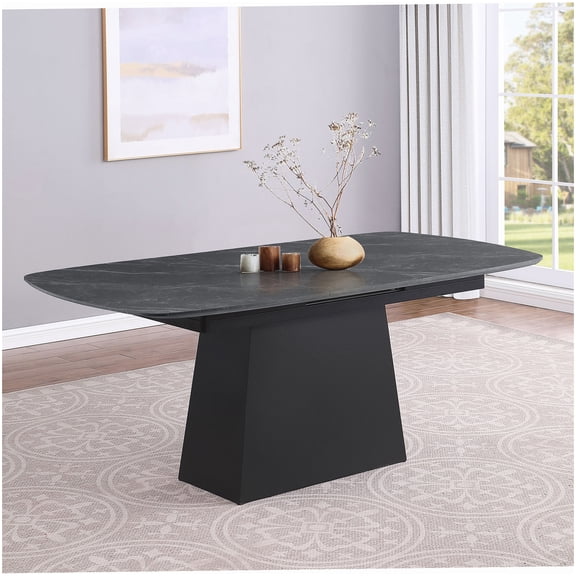 Contemporary Faux Marble Dining Table with Self-Storing Leaf, Black Rectangular Table & Metal Base - Seats 6 to 8