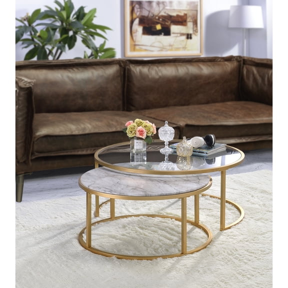 Contemporary Faux Marble Table - Gold Metal Framed Nesting Stone Top With Golden Accents