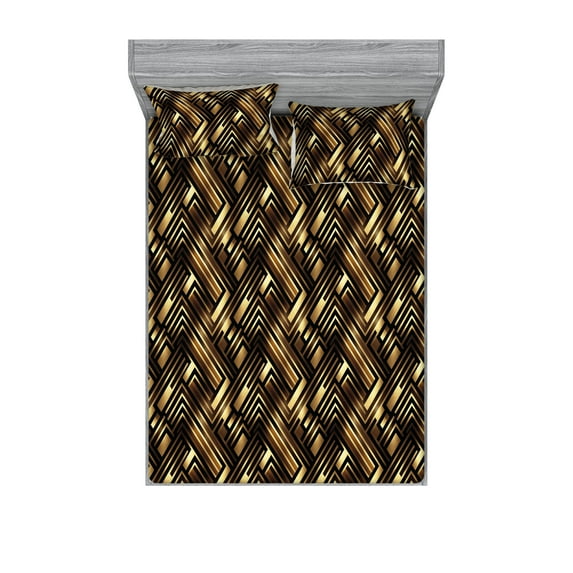 Contemporary Fitted Sheet & Pillow Sham Set, Abstract Lines Geometric Harmony Symmetric Maze Inspired Stripes, Decorative Printed 3 Piece Bedding Decor, King, Mustard Chocolate Brown, by Ambesonne