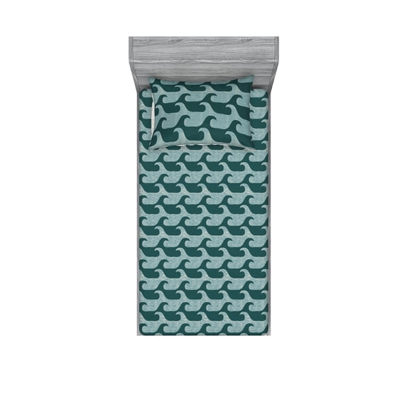 Contemporary Fitted Sheet & Pillow Sham Set, Abstract Style Wave Depiction Ocean and Sea Repeated Pattern, Decorative Printed 2 Piece Bedding Decor, Twin, Hunter Green and Cadet Blue, by Ambesonne