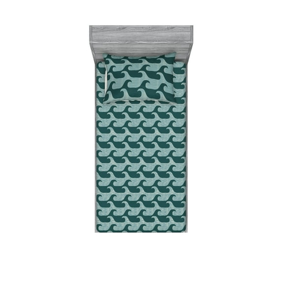 Contemporary Fitted Sheet & Pillow Sham Set, Abstract Style Wave Depiction Ocean and Sea Repeated Pattern, Decorative Printed 2 Piece Bedding Decor, Twinxl, Hunter Green and Cadet Blue, by Ambesonne