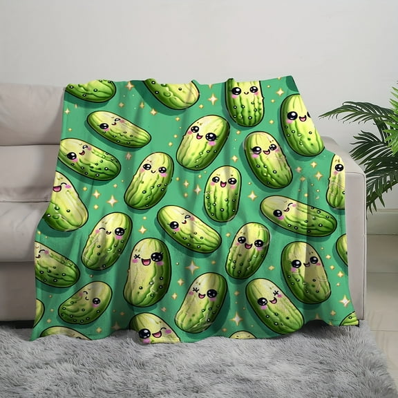 Contemporary Flannel Bed Blanket with Cute Pickle Pattern - Soft Warm Reversible Digital Printed Fantasy Themed Throw for Sofa, Bed, Office
