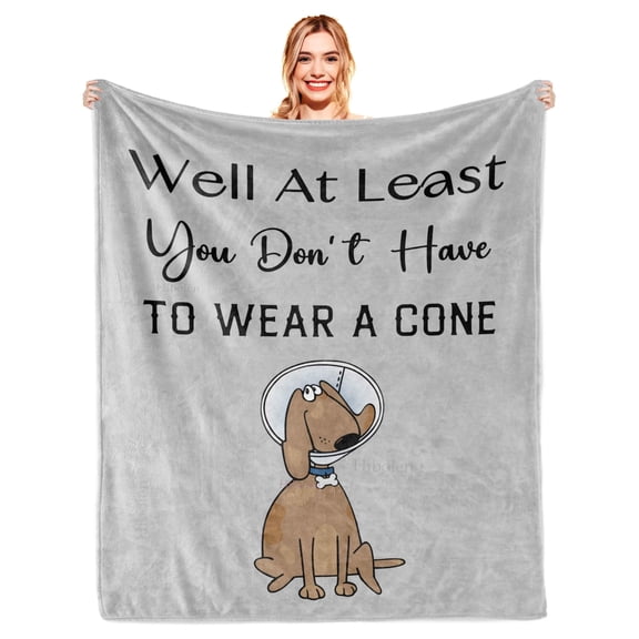 Contemporary Flannel Dog Character Throw Blanket with Cone Message Digital Print Comfort Recovery Blanket Gift for Post-Surgery Unisex Get Well Soon Present Cozy All-Season Knitted Blanket