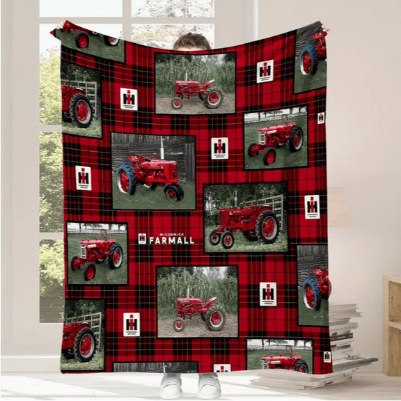 Contemporary Flannel Fleece Bed Blanket - Reversible All-Season Tractor and Plaid Theme Throw Soft Machine Washable Digital Print Polyester Bedding Multipurpose Knitted Warm Blanket