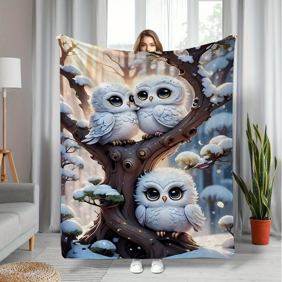 Contemporary Flannel Fleece Throw Blanket with Cute Owl on Tree Branch Digital Print - Soft, Warm Polyester Knitted - Versatile for Couch, Sofa, Bed, Travel, Camping