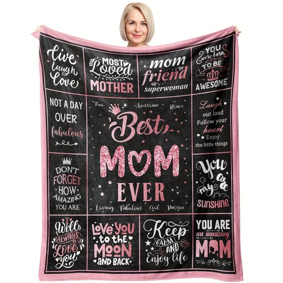 Contemporary Flannel Knitted Throw Blanket for Mom Best Mom Ever, Digital Print, Multipurpose All-Season Cozy Throw for Sofa and Bed, Perfect Gift for Mother's Day, Birthday, Christmas, Thanksgiving