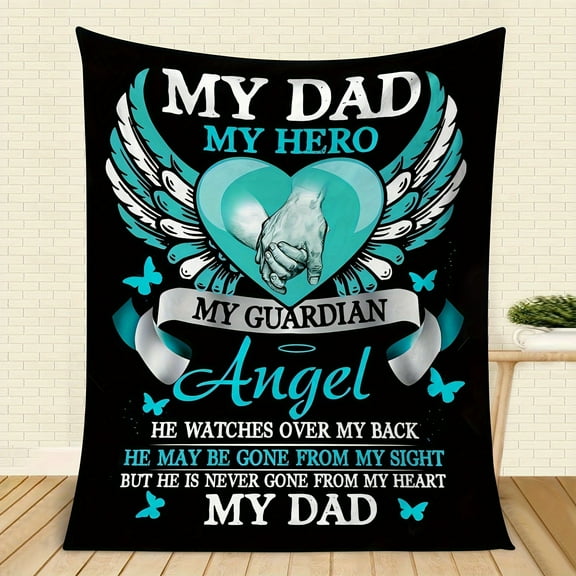 Contemporary Flannel Throw Blanket Angel Wings & Heart Dad Tribute Design Soft Warm Digital Print All Season Knitted Cover Machine Washable Memorial Gift for Home Travel Camping