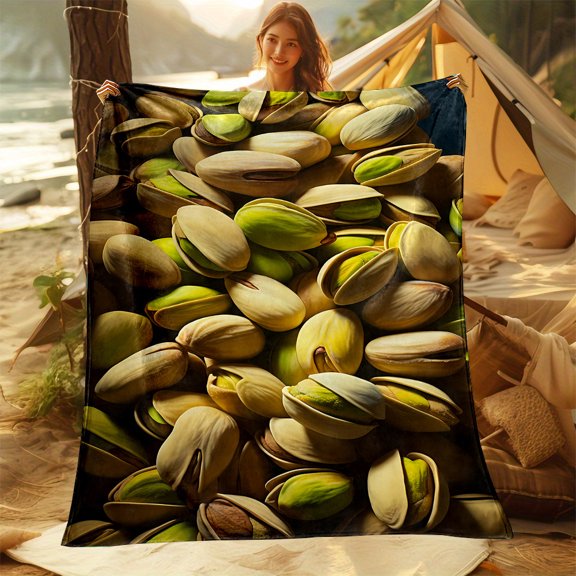 Contemporary Flannel Throw Blanket Cartoon Nut Theme Fresh Opened Pistachio Close Up Print Digital Print Lightweight for Office Home All Seasons Ideal Gift for Family and Friends