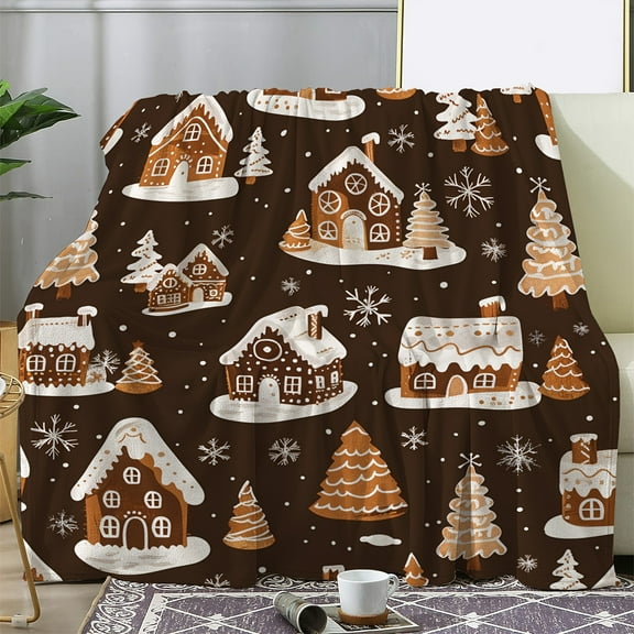 Contemporary Flannel Throw Blanket with Chocolate Snow-Capped Houses and Christmas Tree Print - Soft, Warm, and Comfortable for Sofa, Bed, Car, Office, Camping
