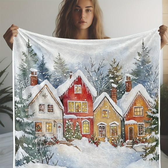 Contemporary Flannel Throw Blanket, Winter Snowy House Print, Soft Cozy Warm Multipurpose Blanket for Couch, Bed & Travel, All-Season Polyester Knit
