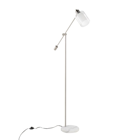 Contemporary Floor Lamp, White Marble and Nickel Metal, Clear Frosted Glass Shade, Standing Light