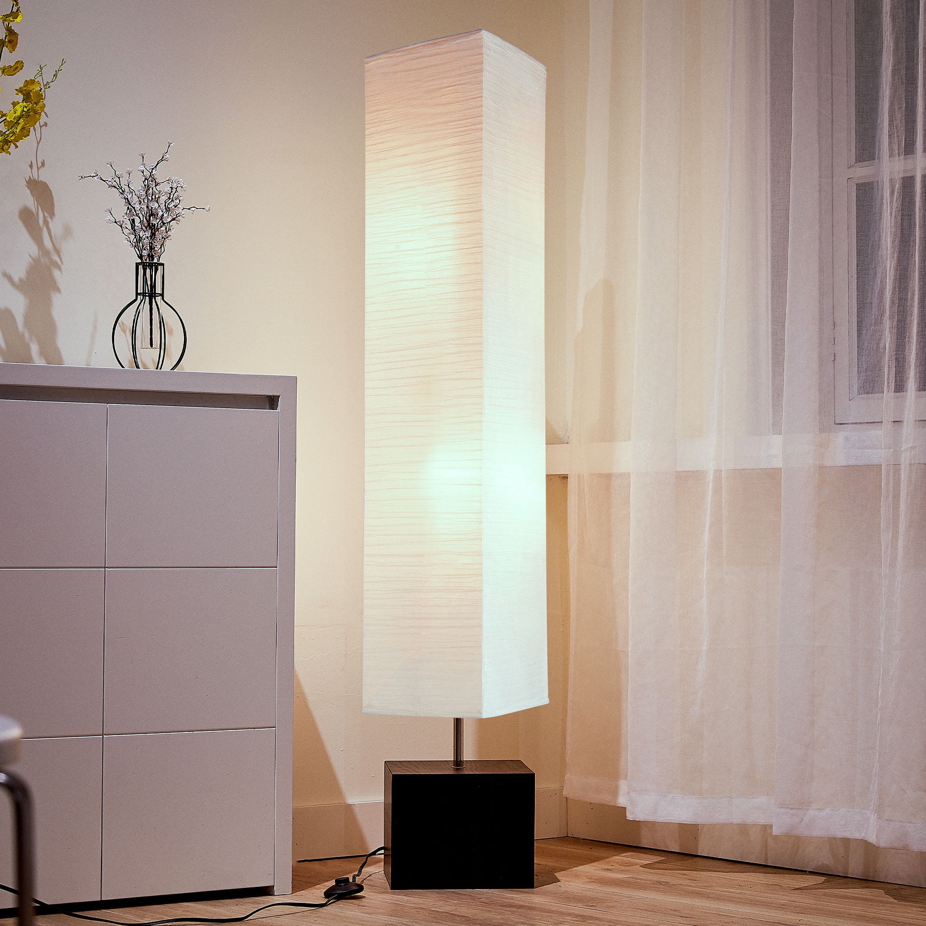 Contemporary Floor Lamp with Wood Base, Mid-Century Modern Floor Lamp Square with Rice Paper Shade, 58’’ Traditional Column Lamp Standing Lamp for Living Room, Bedroom, Corner
