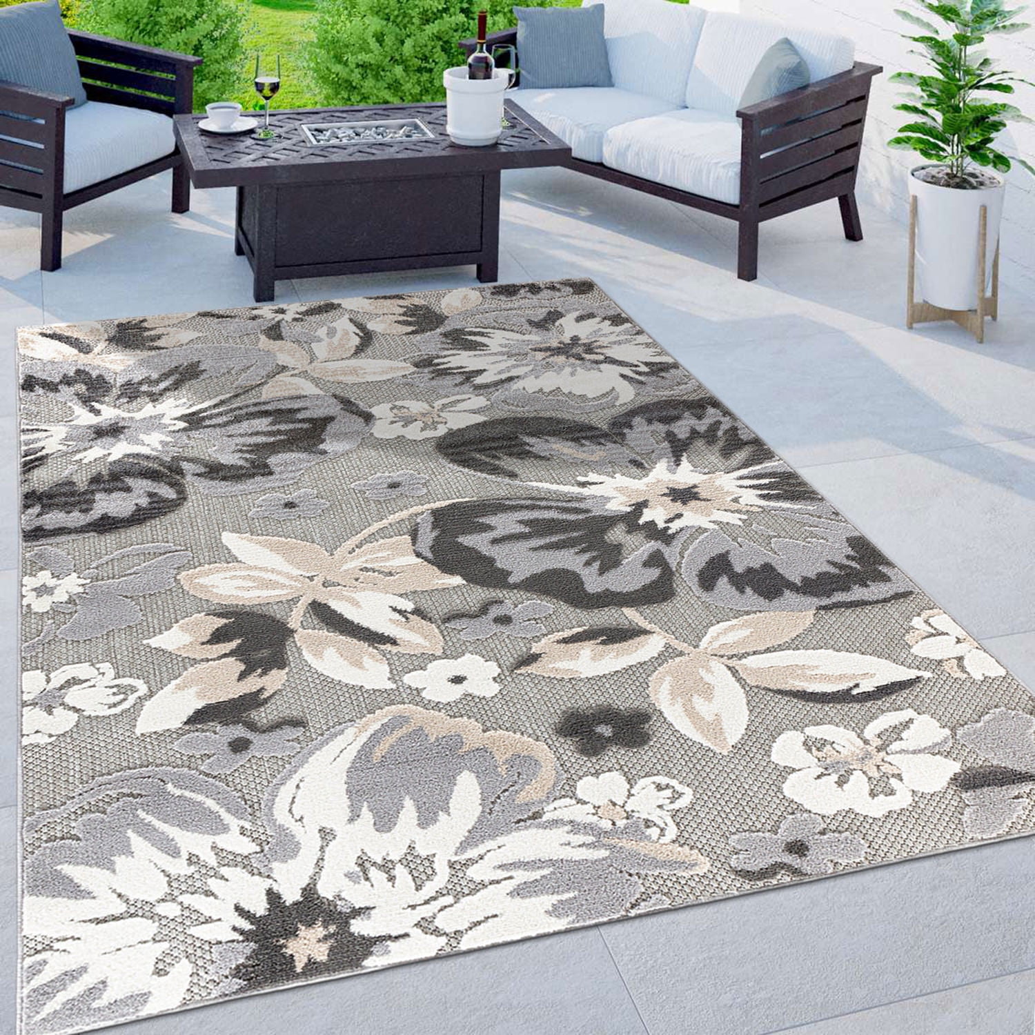 Gray Floral Synthetic Rectangular Indoor/Outdoor Area Rug 8' x 10'