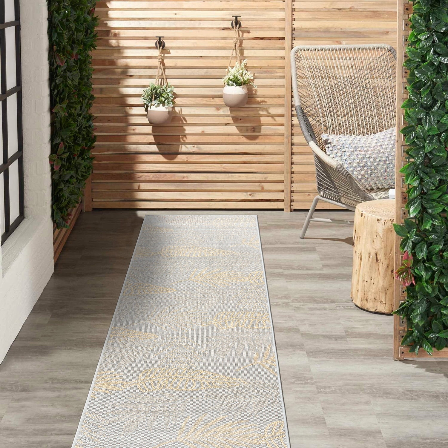 Gray and Yellow Floral Flatweave Synthetic Runner Rug, 2'x7'