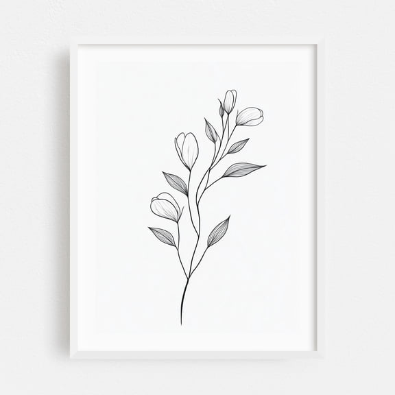 Contemporary Floral Line Art - Line Drawing Line Art Floral Minimalist Botanical Black and White Flowers Nature White Framed Wall Art Print 5 x 7 inches