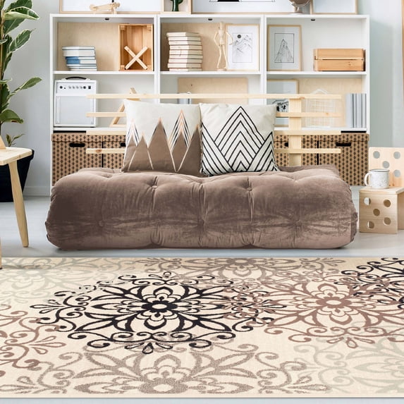 Contemporary Floral Medallion Plush Polypropylene Washable Indoor Area Rug, 5' x 8', Beige by Blue Nile Mills