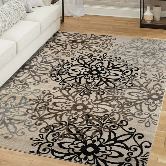 Contemporary Floral Medallion Plush Polypropylene Washable Indoor Area Rug, 8' x 10', Beige by Blue Nile Mills