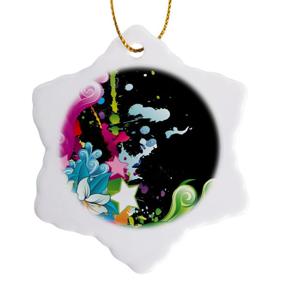3drose, Contemporary Flowers and Flourishes Against a Paint Splatter Background, 3 inch Snowflake Porcelain Ornament