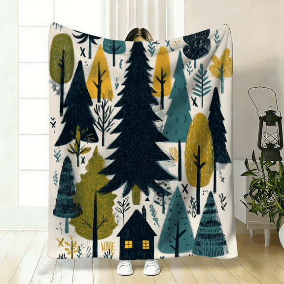 Contemporary Forest Themed Bedspread, Soft Cozy Blanket with Dark Green Teal Mustard Tree House, Perfect for Bedroom Living Room Modern Decor