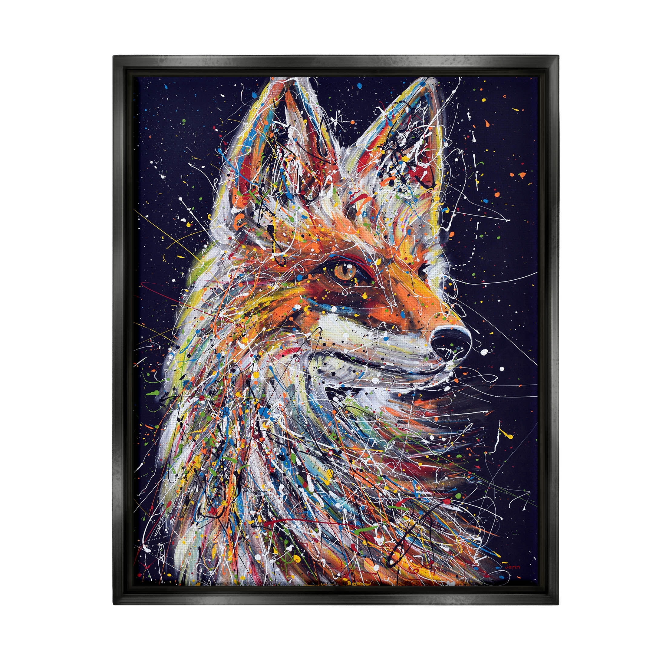 Contemporary Fox Urban Splatter Animals & Insects Painting Jet Black Framed Art Print Wall Art