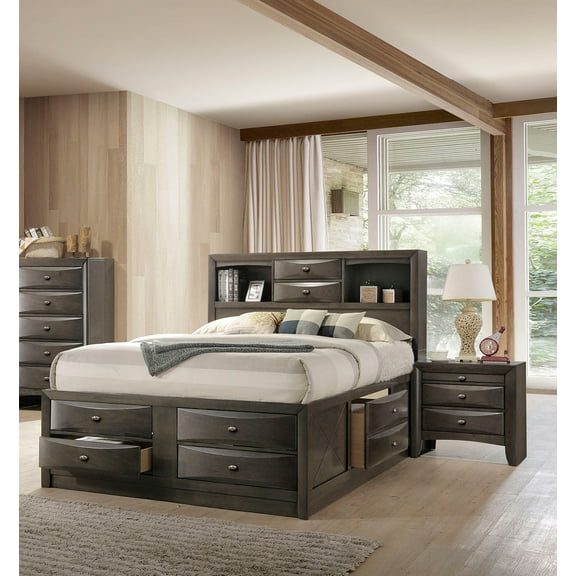 Contemporary Full Size 3pc Bedroom Set Storage Bed 2x Nightstands Bookcase HB Gray Finish Solid Wood Furniture